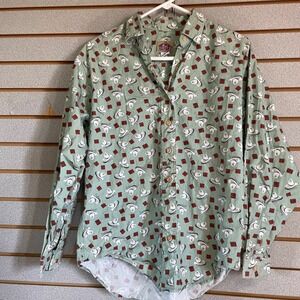 Barn Fly Authentic Design Green Cowboy Hat Print 100% Cotton Button Up Shirt ‎ S